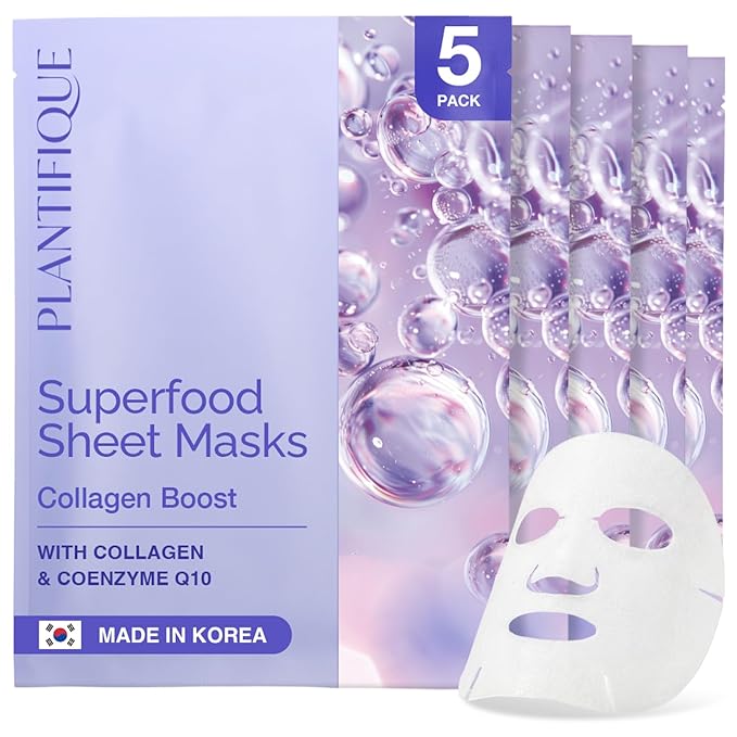PLANTIFIQUE Korean Sheet Mask, 5 Pack - Anti-Aging & Firming Face Masks with Collagen, Coezyme Q10 & Hyaluronic Acid - Mascarillas Faciales