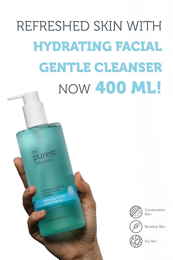 The Purest Solutions Hyaluronic Acid Moisturizing & Barrier-Support Facial Cleansing Gel for Dry & Combination Skin, Gentle Daily Face Wash with Ceramides & Sodium PCA, 400 ml