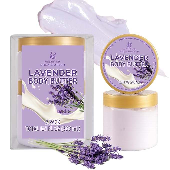 Lavender Body Butter, Shea Body Butter for Women Dry Skin, Natural Lavender Lotion for Body Care Smell Good-3.4floz+6.8 floz(100ml+200ml)