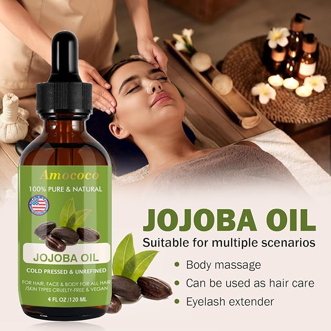Natural Jojoba Oil for Hair&Skin, Cold Pressed, Unrefined Deeply Moisturizing Body Carrier Oils for Essential Oils Mixing, 4fl oz