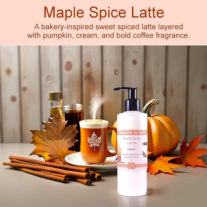 Blossom to Bath Maple Spice Latte Lotion (8 Ounce) - Natural Fragrance - Absorbs Quickly with a Pumpkin Spice Latte Scent