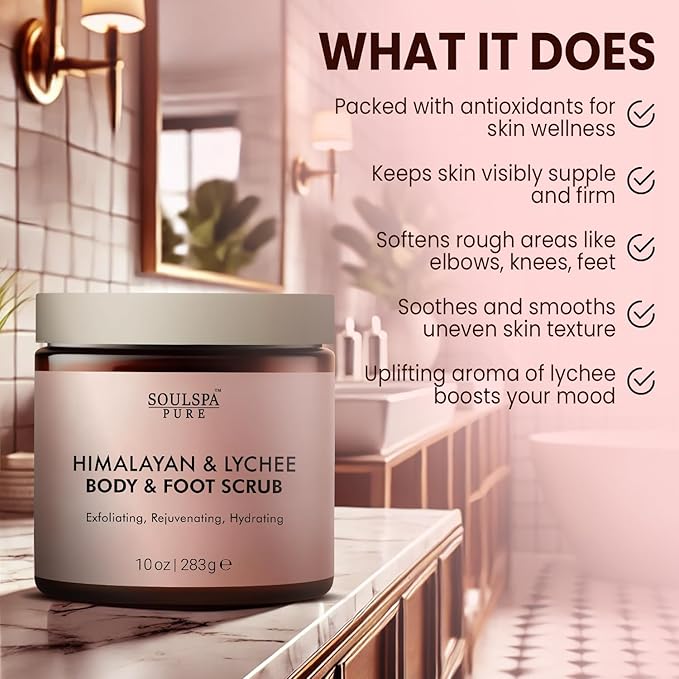 SOULSPA PURE Himalayan Foot & Body Scrub - Luxurious Himalayan Pink Salt Scrub & Mineral Rich Exfoliating Body Scrub for Refreshed and Radiant Skin, 10 oz