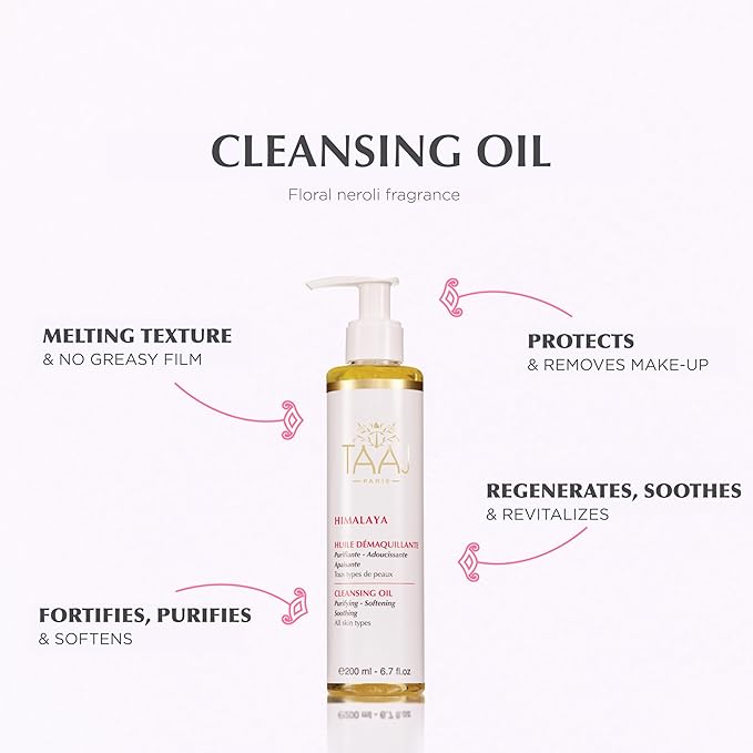 TAAJ | Himalaya Cleansing Oil – Gentle & Melting Texture | Deep-Cleansing & Hydrating Skincare | Removes Impurities & Makeup | Soft, Clear & Calm Skin | All Skin | 85% natural & Vegan | 6.8 fl oz