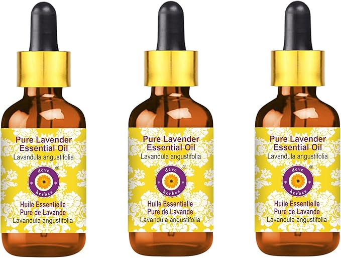 Deve Herbes Pure Lavender Essential Oil (Lavandula angustifolia) (Made in France) with Glass Dropper Steam Distilled (Pack of Three) 100ml X 3 (10 oz)