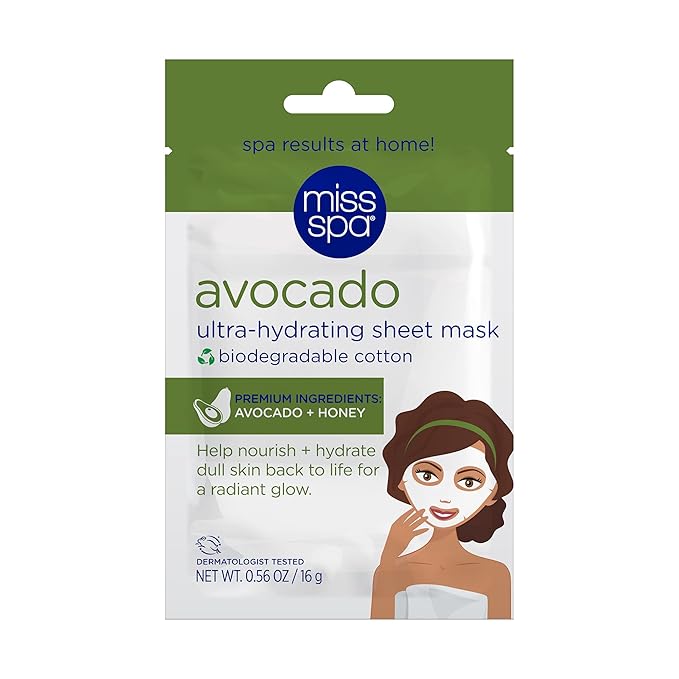 MISS SPA Avocado Ultra-Hydrating Sheet Mask Nourishing Face Mask with Avocado & Honey Deep Moisture Radiant Glow Biodegradable Cotton Dermatologist Tested Clean, 4 pack