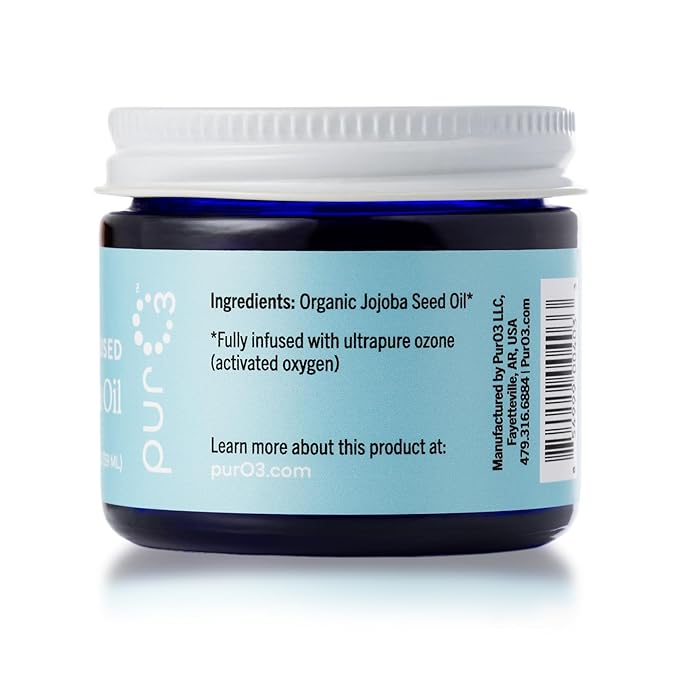 PurO3 Ozonated Jojoba Oil – Pure, Natural, Organic Skincare for Face & Body – Oxygenated Healing Lotion, Moisturizer & Beauty Cream in a Glass Jar – O3 Therapy Salve, 2 oz