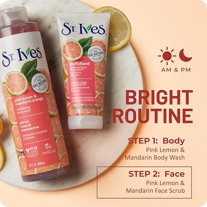 St. Ives Exfoliant Face Scrub 3-Pack – Skin-Brightening Pink Lemon & Mandarin for Glowing Skin, 6 Oz Ea
