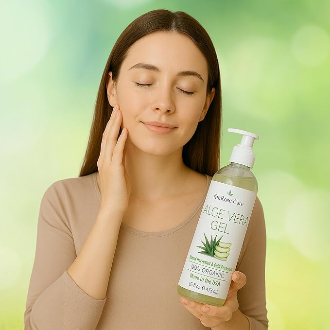 KinRose Care, 16oz Organic Aloe Vera Gel for Face, Skin, Hair & Sunburn Relief - From 100 Percent Pure Aloe Vera - Cold Pressed, Vegan, Unscented - Made in USA.