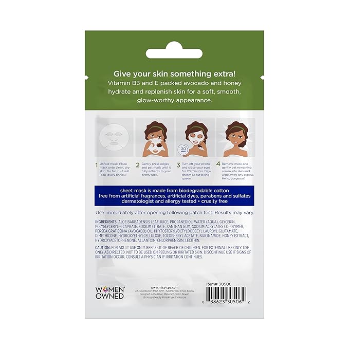 MISS SPA Avocado Ultra-Hydrating Sheet Mask Nourishing Face Mask with Avocado & Honey Deep Moisture Radiant Glow Biodegradable Cotton Dermatologist Tested Clean, 4 pack