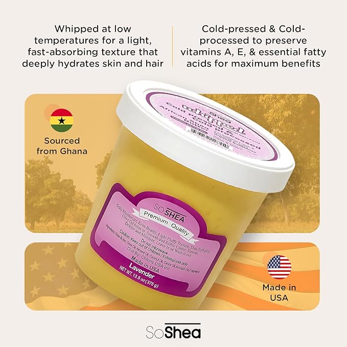 Whipped Shea Butter Lavender – 100% Pure Unrefined Raw African Shea Butter | Cold-Pressed & Cold-Processed | Rich Natural Moisturizer for Dry, Sensitive Skin & Conditions Hair | No Parabens | 11.5 oz