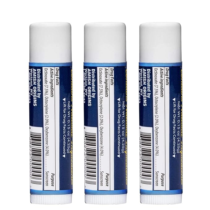 Amish Origins SPF 15 Medicated Lip Doc Balm - All Natural Ingredients, Deep Moisturizing Potent Formula for Chapped and Cracked Lips, All Refreshing Essential Oils, 3 Pack