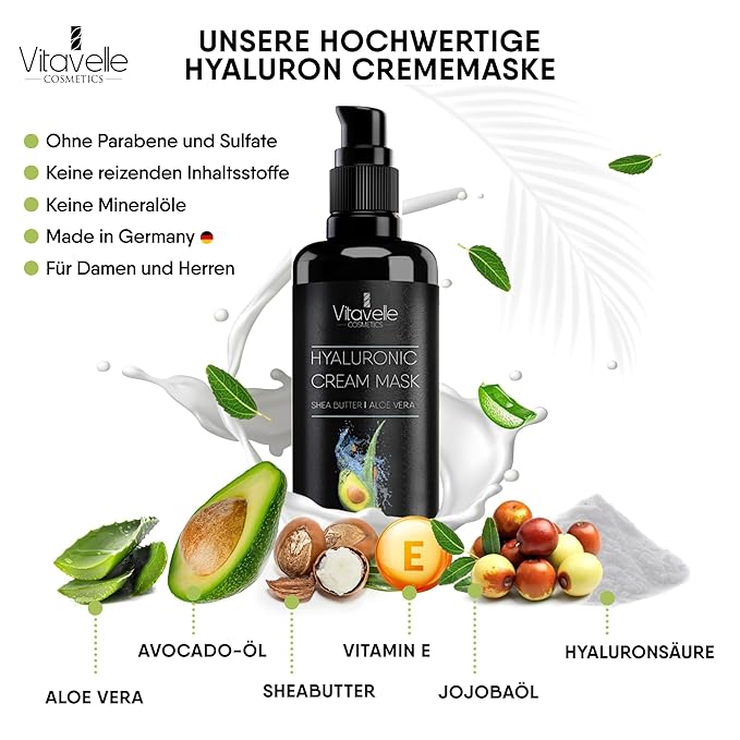 VITAVELLE Hydrating Face Mask – Hyaluronic Acid Moisturizer Mask Firming with Avocado Oil, Shea Butter, Aloe Vera and Jojoba Oil – Vegan Face Mask with No Parabens – Hydrating Face Masks Anti Aging