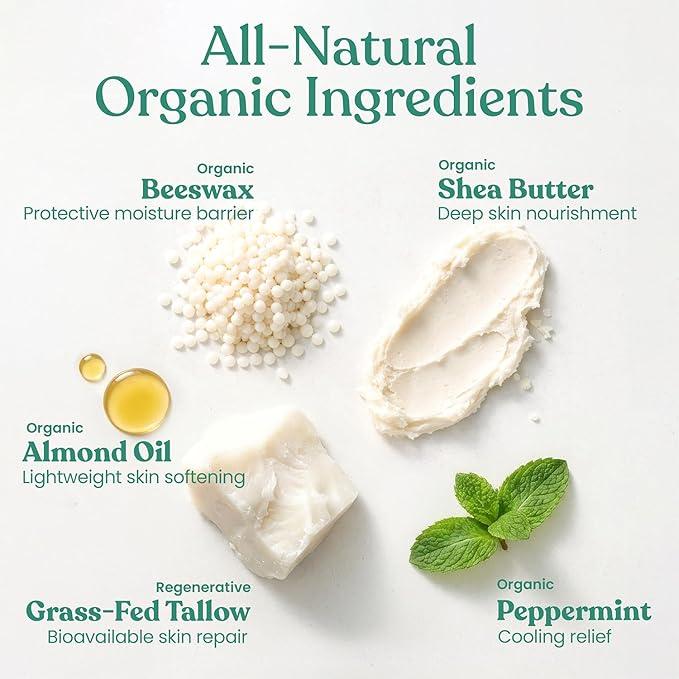 Cloven Tallow Lip Balm, Deep Hydration for Lips, Face & Dry Skin | Natural Grass-Fed, Organic Ingredients, Nourishes & Protects | Peppermint | Made in the USA
