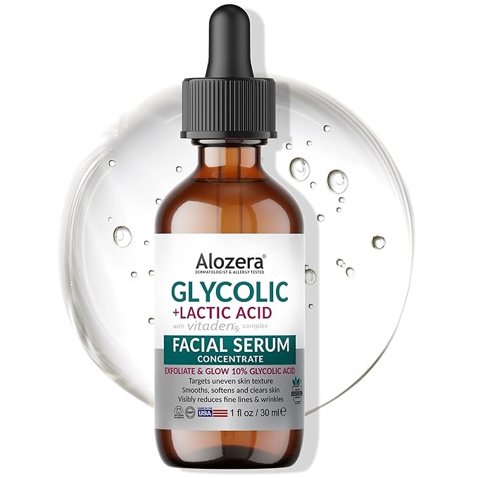 Alozera AHA Serum for Face with Glycolic Acid & Lactic Acid, AHA Exfoliating & Pore Refining Treatment Serum for Smoother, Renewed Skin, Helps Improve Skin Texture, Night Time Serum
