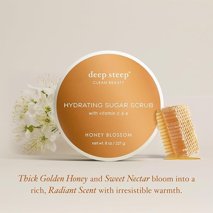 Deep Steep Sugar Scrub, Honey Blossom, 8 oz – Exfoliating Body Scrub with Organic Coconut Oil, Shea Butter & Argan Oil – Vegan, Clean Beauty, Smooth, Soft & Nourished Skin