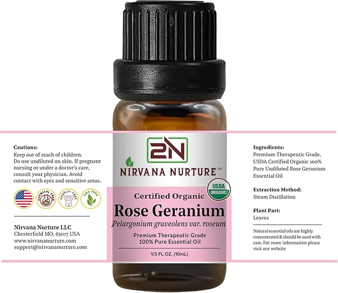 Rose Geranium Essential Oil, USDA Certified Organic, 100% Pure Undiluted, Aromatherapy Oil for Diffuser, Hair & Skin Care