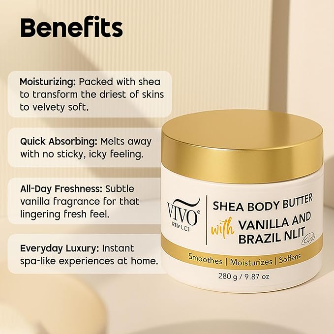 Vivo Per Lei Shea Body Butter with Brazilnut & Vanilla, Enriched with Hyaluronic Acid, Vitamin C, & Aloe Vera For Dry Skin, Pack Of 1, 9.87 Oz