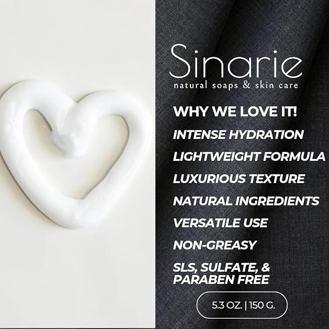 Sinarie Coconut-Free Body Butter | Luxurious Hydration with Shorea Butter, Evening Primrose Oil, Argan & Moringa Oil | Non-Greasy, Natural Ingredients | For Sensitive Skin (5.3 oz., Sophisticate)