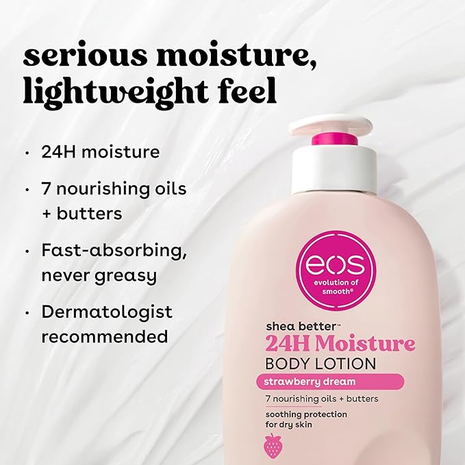 eos Shea Better Body Lotion Strawberry Dream, 24-Hour Moisture Skin Care, Lightweight & Non-Greasy, Natural Shea, Vegan, Strawberry Body Lotion, 16 fl oz