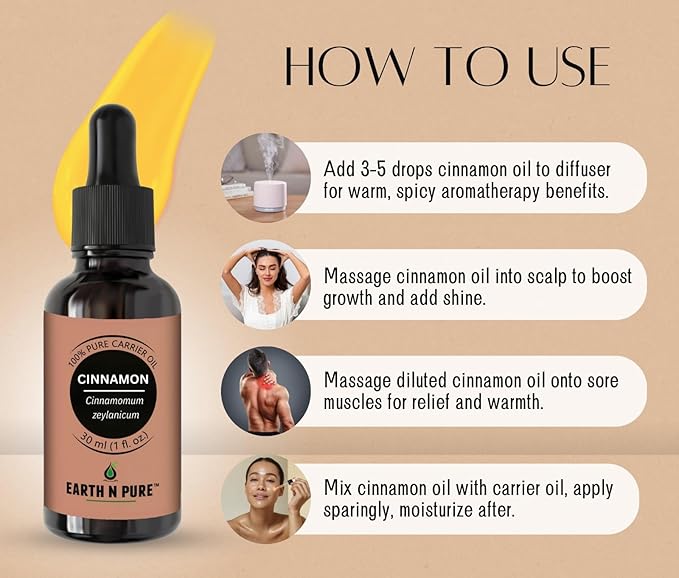 Earth N Pure Cinnamon Essential Oil for Home Fragrance | Best for Aromatherapy | Helps in Meditation | Used in Diffusers, Candles, Air Fresheners, Soaps 100 ML