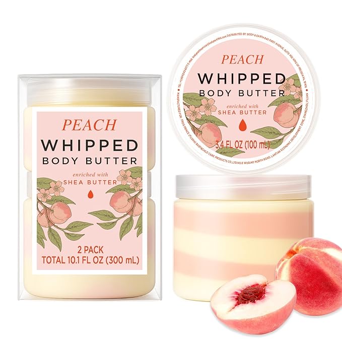 Princess Belle Peach Whipped Shea Body Butter, Body Moisturizer for Dry Skin, Smell Good, Peach Gifts for Women-2 Pack (3.4floz + 6.8 floz)