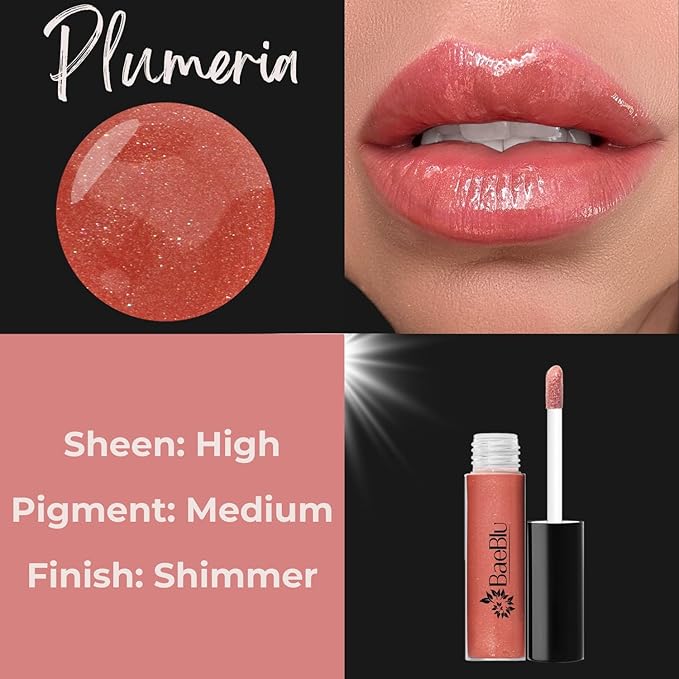 BaeBlu Organic Vegan Lip Gloss, 100% Natural Non-Toxic Moisturizing Ingredients, Plumeria