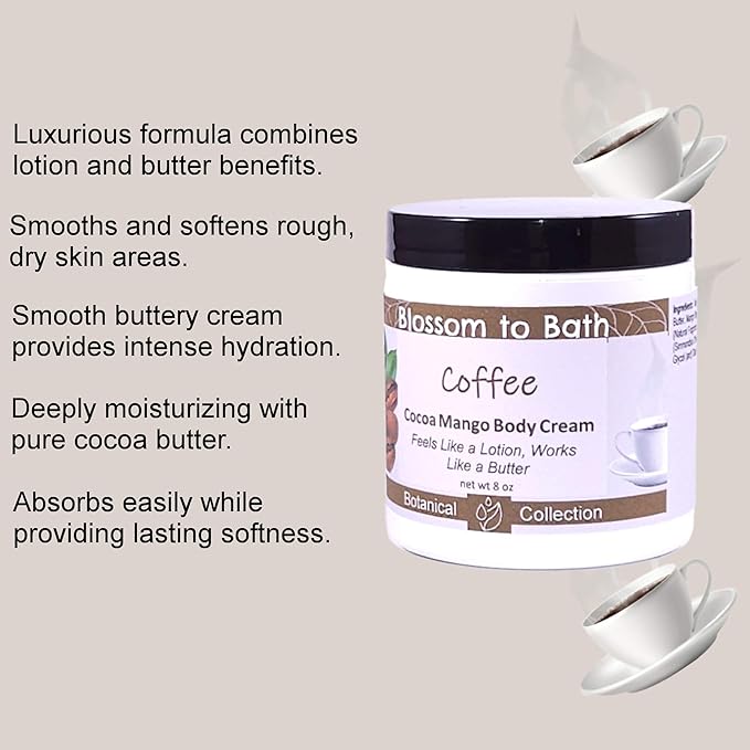 Blossom to Bath Coffee Cocoa Mango Body Cream (8 Ounce) - Natural Fragrance - Feels Like A Lotion And Works Like A Butter with a Rich Coffee-inspired Scent