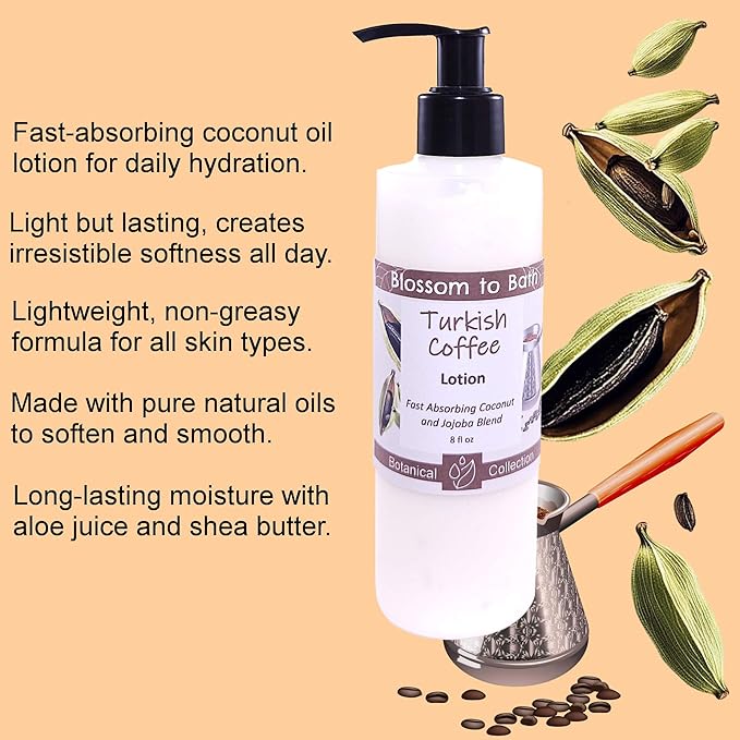 Blossom to Bath Turkish Coffee Lotion (8 Ounce) - Natural Fragrance - Absorbs Quickly with a Sweetly Rich And Spicy Scent