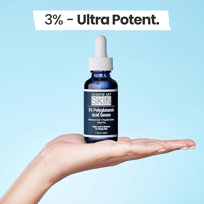 Admire My Skin Organic Polyglutamic Acid Facial Serum - Powerful Hydration & Anti Aging + Hyaluronic Acid + Propolis 1oz (Pack of 2)