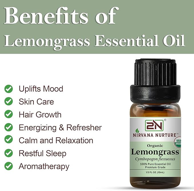 Lemongrass Essential Oil, USDA Certified Organic, 100% Pure Undiluted, Aromatherapy Oil for Diffuser, Hair & Skin Care