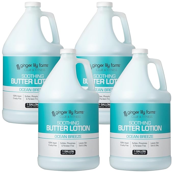 Ginger Lily Farms Club & Fitness Soothing Butter Lotion for Dry Skin, 100% Vegan & Cruelty-Free, Ocean Breeze Scent, 1 Gallon (Pack of 4)