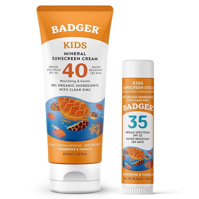 Badger Kids Mineral Sunscreen Combo, SPF 40 Cream + SPF 35 Kids Face Stick, 98% Organic Ingredients with Mineral Zinc Oxide, Water Resistant, Reef Safe Broad Spectrum, Tangerine & Vanilla Scent