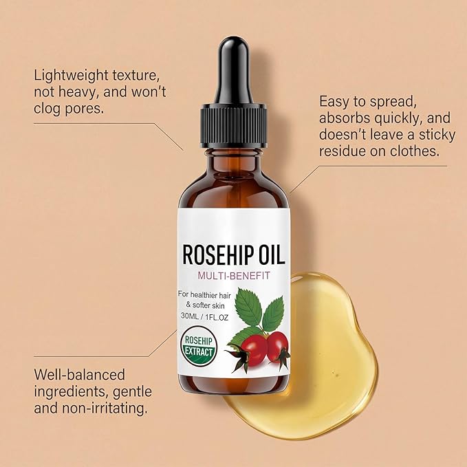 Rosehip Oil for Face, Rosehip Seed Oil, Organic Face Oil for Women, Hydrating Facial Oil for Daily Skincare, Nourishing Skin & Hair, Lightweight Moisturizing Oil (2PC)