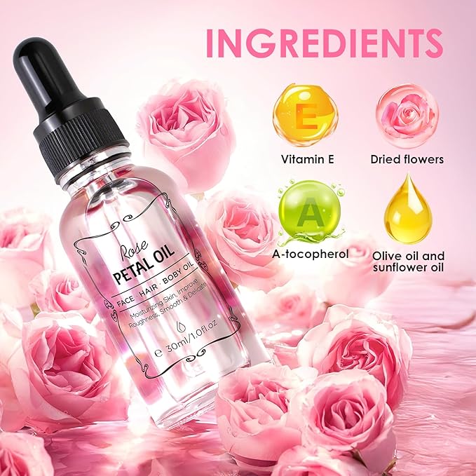 AUSLKA Facial Rose Oil Moisturizing without Greasiness, Natural Rose Essential Oil with Petal Fragrance for Face Body Hand Contains Vitamin E Anti Ageing & Anti Wrinkle for Skin Care, 1 FL.OZ (30ml)