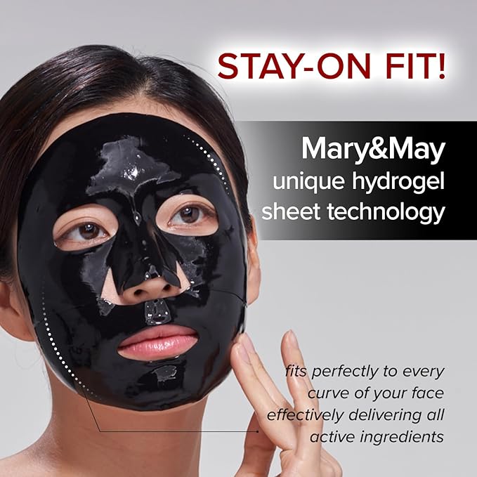 Mary&May Vegan Collagen Charcoal PDRN Mask - Face Sheet Hydrogel Mask - Low Molecular Collagen, 8 Hyaluronic Acid, Niacinamide - Purifying, Hydrating Korean Skincare for Dull & Oily Skin, 4 Sheets