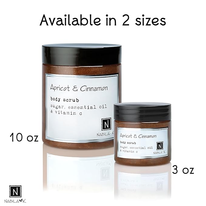 Apricot & Cinnamon Body Scrub Made in USA with Essential Oil and Vitamin C by Nabila K - Exfoliate and Moisturize for Smooth Skin - Luxury for Women & Men, 10 oz