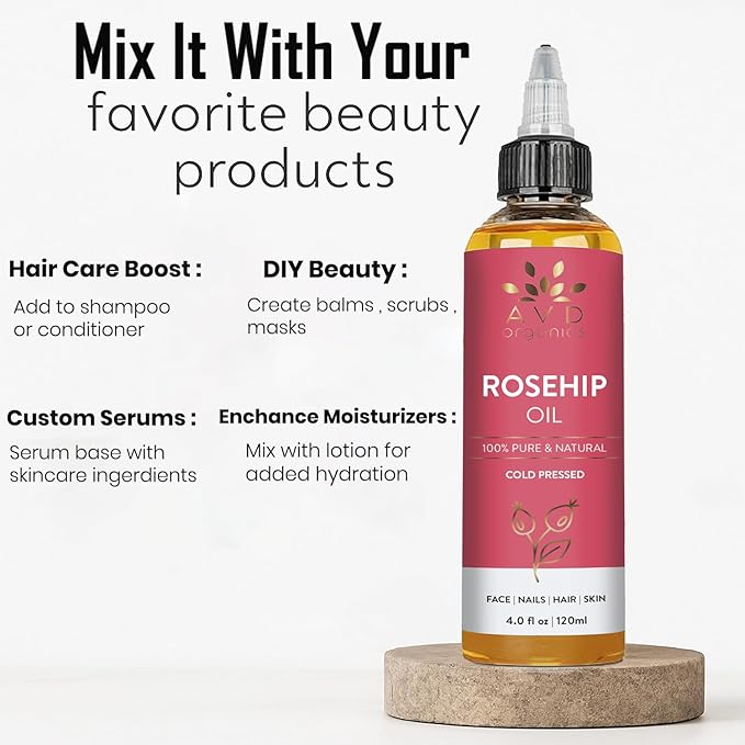AVD ORGANICS Rosehip Oil for Face 120ml – 100% Pure, Cold-Pressed Huile de Rose Musquée | Rose hip Oil for Face, Skin, Hair, Scalp & Nails | Moisturizing for Daily Use (4.05 fl oz)