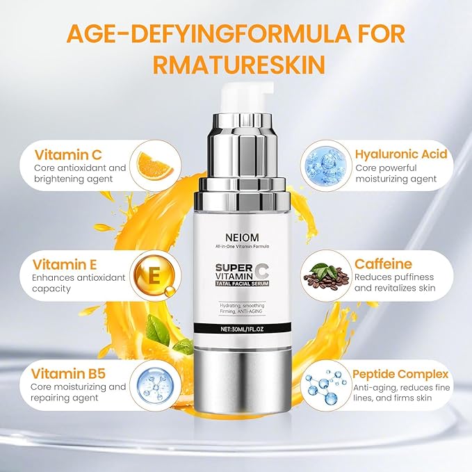 Vitamin C Serum with Hyaluronic Acid & Vitamin E + B5 - Anti-Aging Tripeptide Formula for Mature Skin, Hydrates & Firms, Targets Wrinkles, Dark Spots & Fine Lines