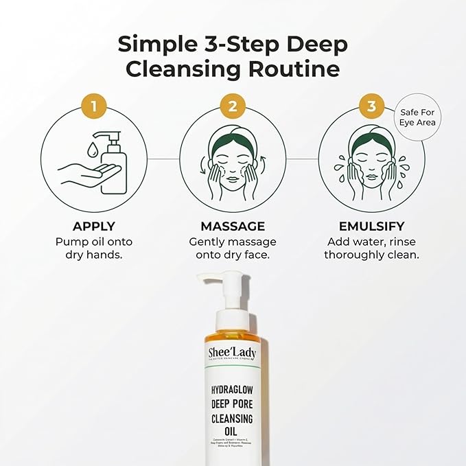 Shee'lady Hydraglow Deep Pore Cleansing Oil, limpiador facial en aceite – Best Cleansing Oil for Face, Blackhead & Makeup Remover Korean Skin Care, 6.76 fl oz (200ml)