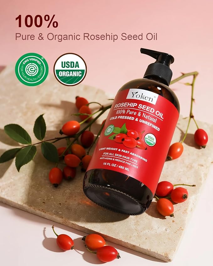 Yoken Organic Rosehip Seed Oil, USDA 100% Pure Rosehip Oils for Face, Hair & Body, Large Glass Bottle 16 fl oz Cold Pressed Rose Hip Oil for Skin Care, Moisturizing, Massage, Gua Sha & DIY Blends
