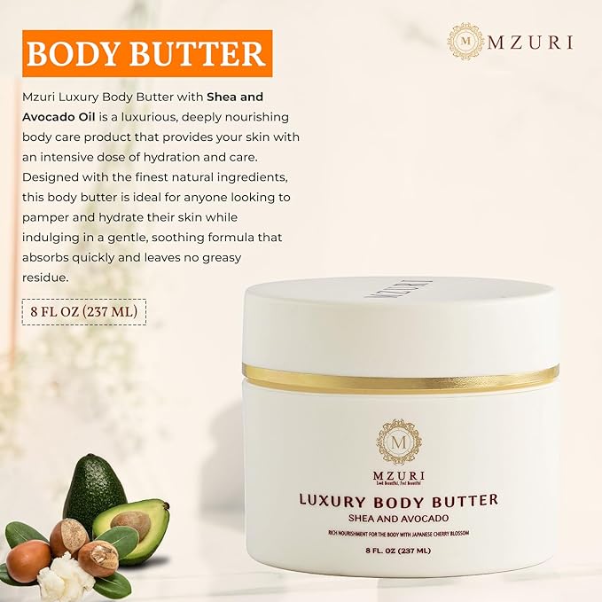 MZURI Body Butter, Whipped Shea and Avocado Blend, Fast-Absorbing, Deep Moisturizing Cream with Essential Oils, Non-Greasy, Natural Skincare for Dry, Glowing Skin, Organic Butter - 8 Fl. Oz
