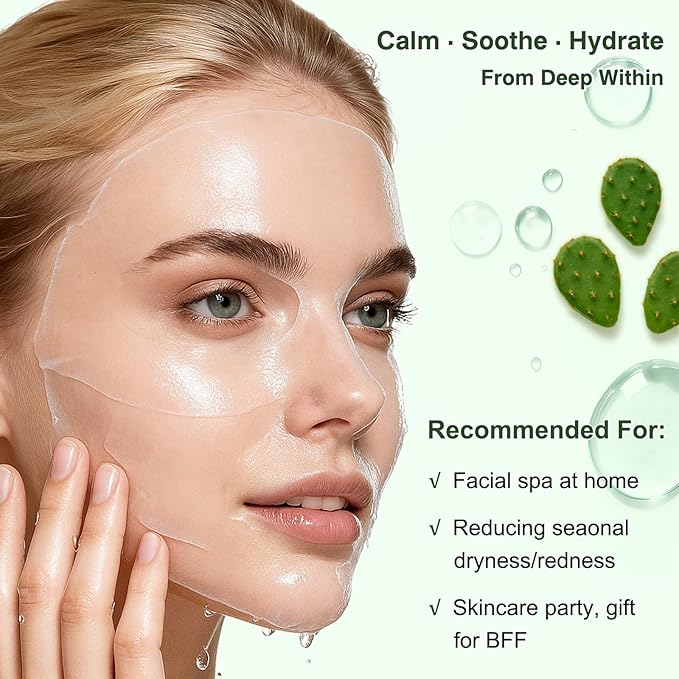 SPRINGSKY Hydrating Face Mask with Natural Cactus & Centella Asiatica, Moisturizing Sheet Mask for Dry Sensitive Skin, 24HR Deep Hydration Soothing for Radiant Glow, Korean Skincare,12 Count