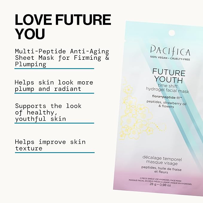 Pacifica Future Youth Time Shift Hydrogel Facial Mask - 12-PACK - Multi-Peptide Anti-Aging Sheet Mask for Firming & Plumping, Ultra-Hydrating Serum-Infused Mask for Face & Neck, 100% Vegan