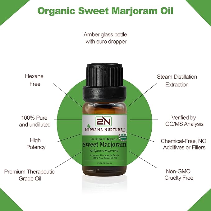 Sweet Marjoram Essential Oil, USDA Certified Organic, 100% Pure Undiluted, Aromatherapy Oil for Diffuser, Hair & Skin Care