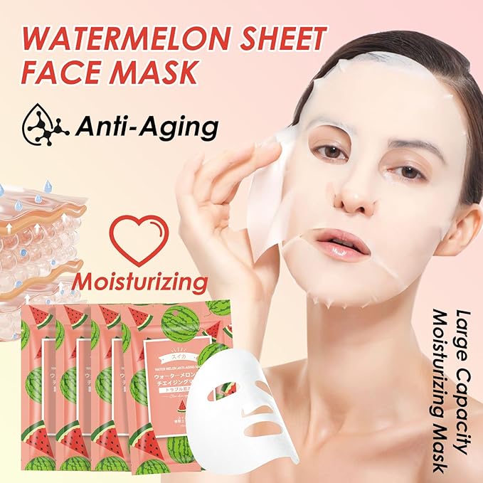 Hydrating Facial Masks Skincare for Women,Watermelon Face Mask Sheet Skincare,Moisturizing Face Mask for All Skin Types (10-Packs)