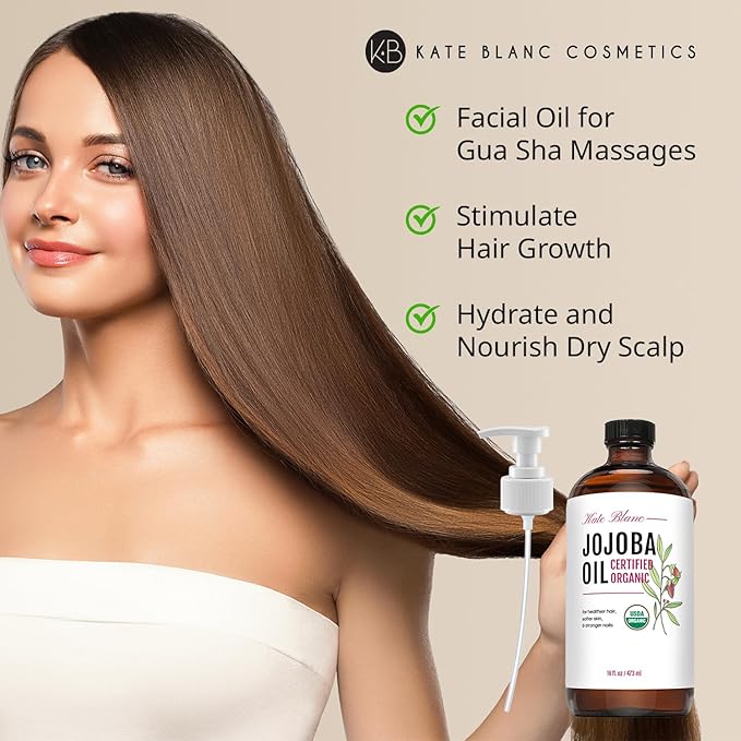 Kate Blanc Cosmetics Jojoba Oil for Hair, Face & Skin. Gua Sha Oil for Face Massage & Dermaplaning (16oz, Organic, 100% Pure, Natural)