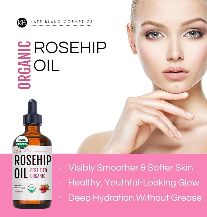 Kate Blanc Cosmetics Rosehip Seed Oil for Face, 100% Pure Organic | Cold Pressed Unrefined Rose Hip Facial Oil for Skin, Hair & Gua Sha Massage (1oz)