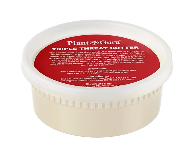 Plant Guru Triple Threat Body Butter 8 oz. - Blend of Shea, Mango & Coconut Oil - 100% Pure Natural Raw Unrefined Moisturizer For Dry Skin, Face And Hair. Great For Lip Balm and Soap Making