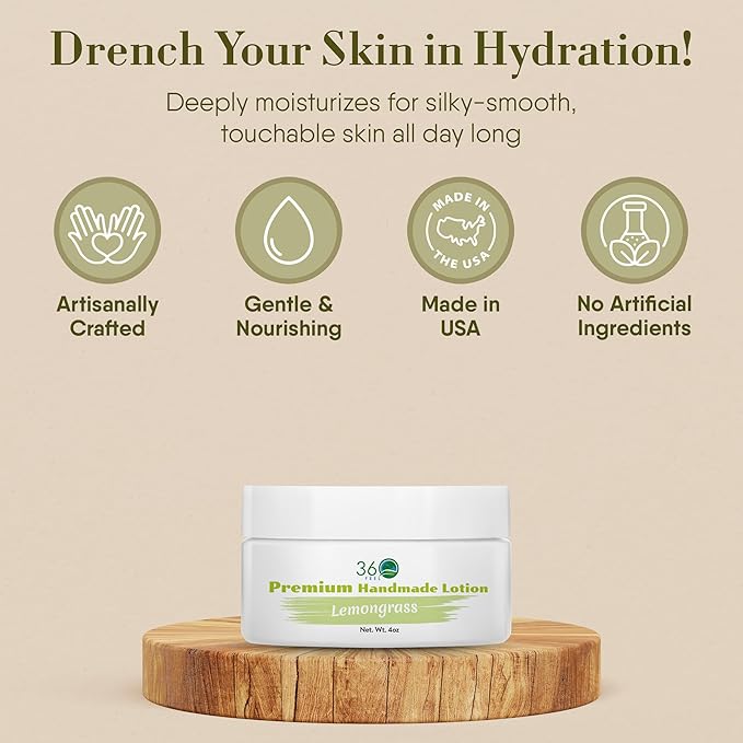 360Feel Lemongrass Body Lotion - Hydrates with Coconut & Olive Oil, Plant-Based, Non-Greasy, Sensitive Skin, All Day Use
