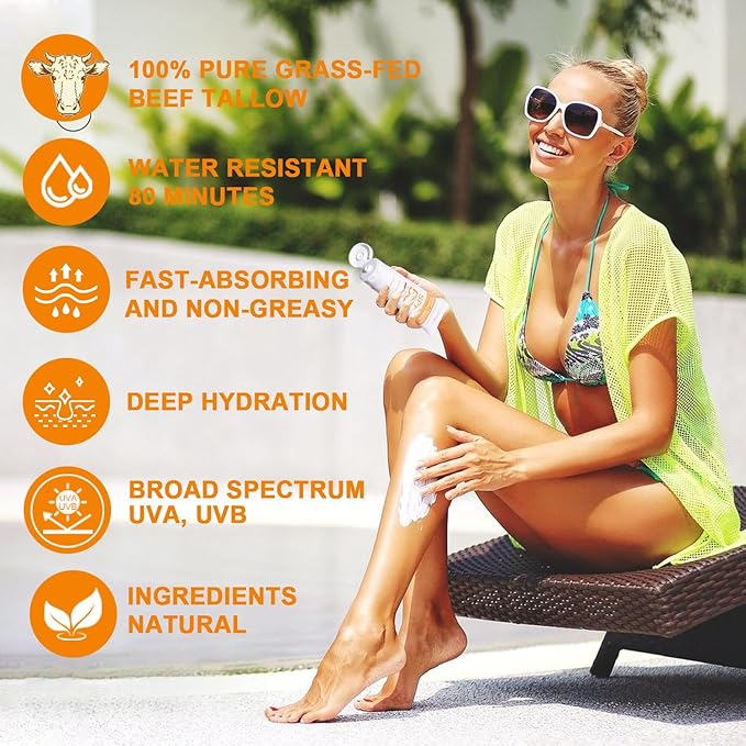 Beef Tallow Sunscreen with Zinc Oxide: Mineral Sunscreen SPF 50, Organic Natural Sun screen-Non Greasy Formula, No White Cast, Beef Tallow Sunblock for Sensitive Skin- Water-Resistant-2.82 oz (80g)